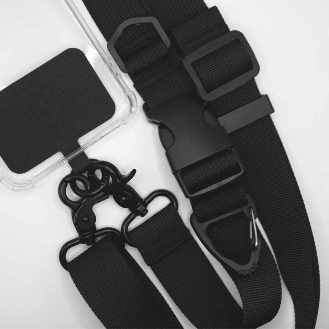 View from above of the 2-in-1 Utility Lanyard Crossbody phone strap black. 