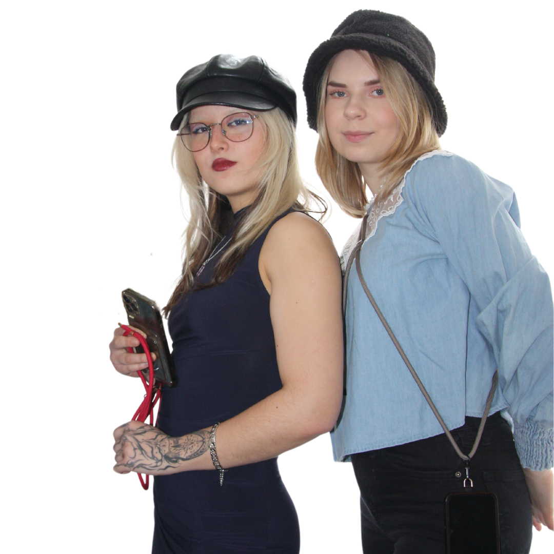 Two girls looking in the camera and wearing each one crossbody phone strap rope.