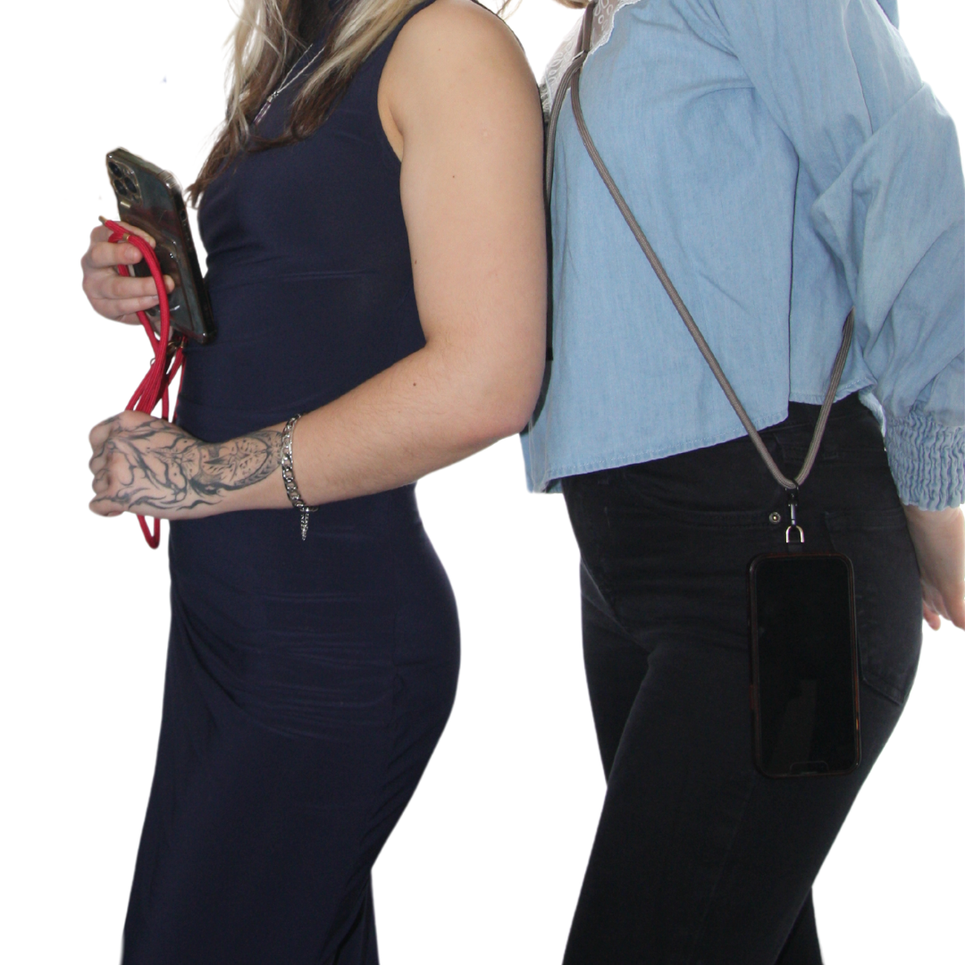 Two girls posing and wearing dark pink and grey crossbody phone strap ropes.